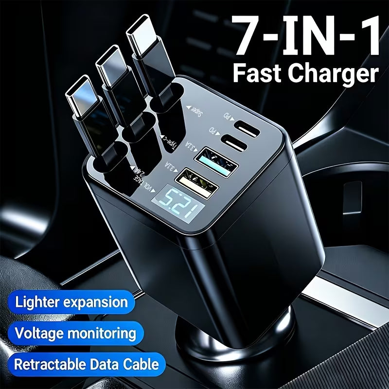 7-In-1 Car Phone Charger with LED Digital Display & 3 Extendable Cables - VIP Price